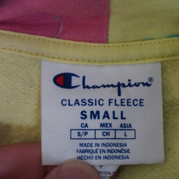 Champion Classic Fleece Pullover Hoodie Small Color Block Pink Yellow Blue - Picture 7 of 9